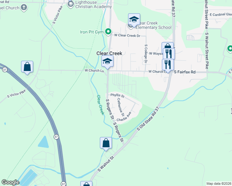 map of restaurants, bars, coffee shops, grocery stores, and more near 5904 Phyllis Street in Bloomington