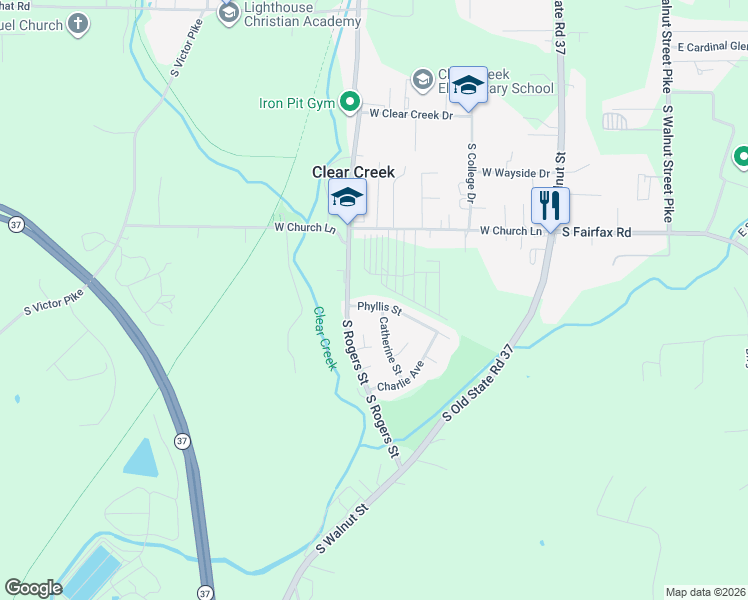 map of restaurants, bars, coffee shops, grocery stores, and more near 5904 Phyllis Street in Bloomington