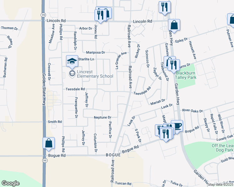 map of restaurants, bars, coffee shops, grocery stores, and more near 1539 Del Lago in Yuba City