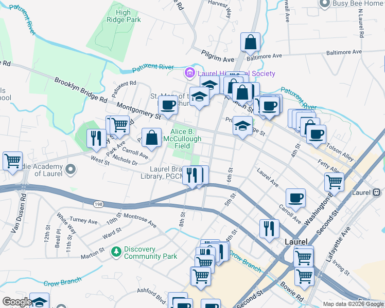 map of restaurants, bars, coffee shops, grocery stores, and more near 902 Laurel Avenue in Laurel