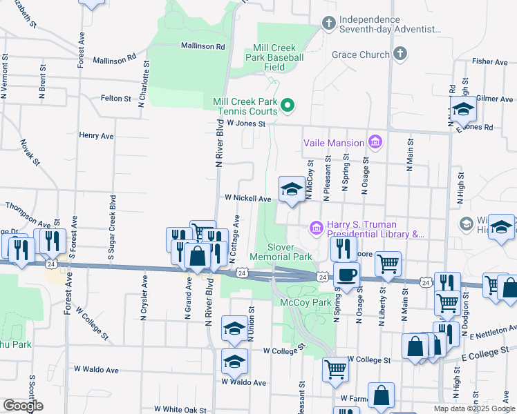 map of restaurants, bars, coffee shops, grocery stores, and more near 1218 North Union Street in Independence