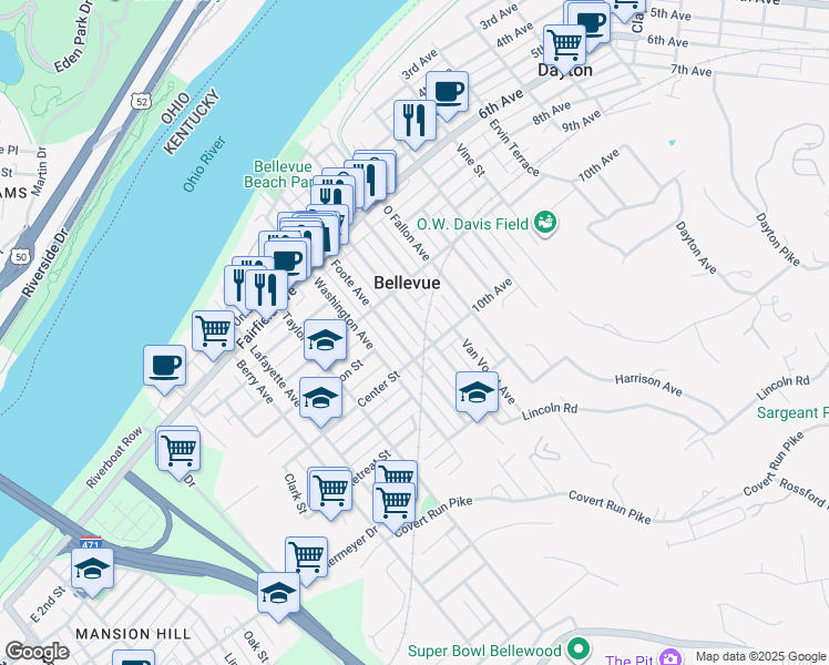 map of restaurants, bars, coffee shops, grocery stores, and more near 344 Ward Avenue in Bellevue