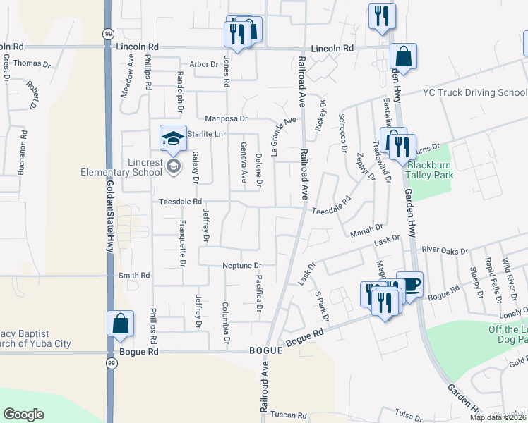map of restaurants, bars, coffee shops, grocery stores, and more near 1539 Del Lago in Yuba City