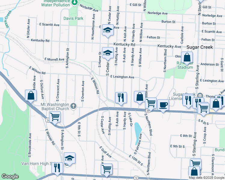 map of restaurants, bars, coffee shops, grocery stores, and more near 527 South Huttig Avenue in Independence
