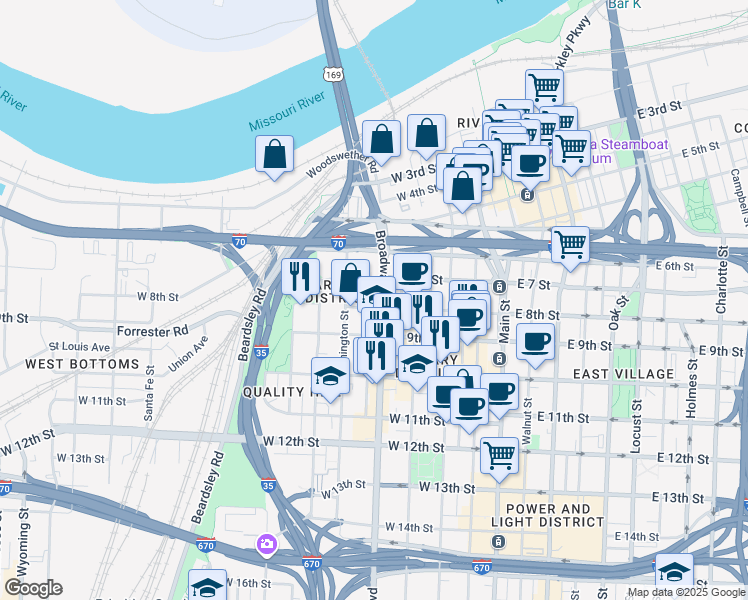 map of restaurants, bars, coffee shops, grocery stores, and more near in Kansas City