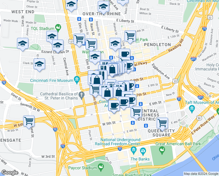 map of restaurants, bars, coffee shops, grocery stores, and more near 13 West 9th Street in Cincinnati