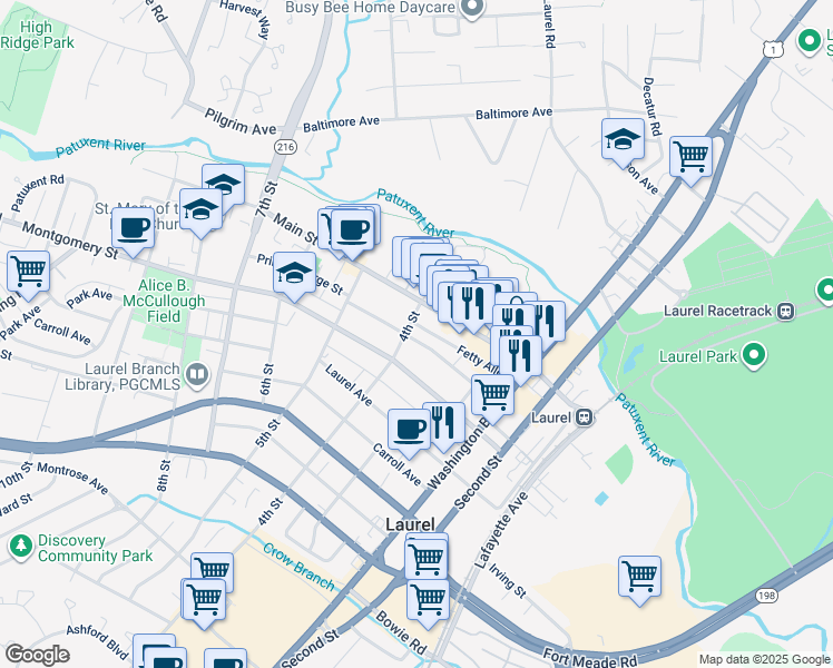 map of restaurants, bars, coffee shops, grocery stores, and more near 335 Prince George Street in Laurel
