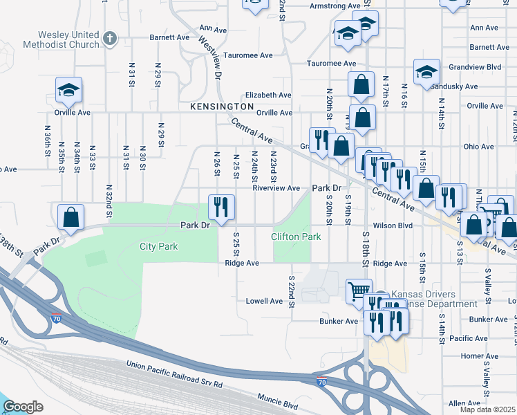 map of restaurants, bars, coffee shops, grocery stores, and more near 27 South 24th Street in Kansas City