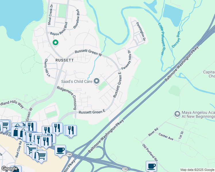 map of restaurants, bars, coffee shops, grocery stores, and more near 8303 Brooktree Street in Laurel