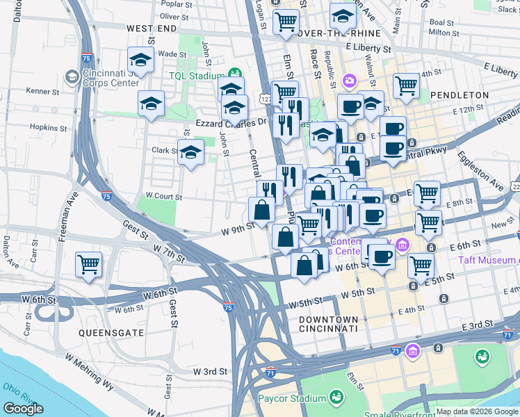 map of restaurants, bars, coffee shops, grocery stores, and more near 754 Richmond Street in Cincinnati