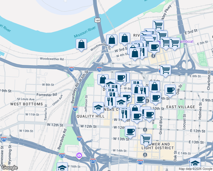map of restaurants, bars, coffee shops, grocery stores, and more near 412 West 8th Street in Kansas City