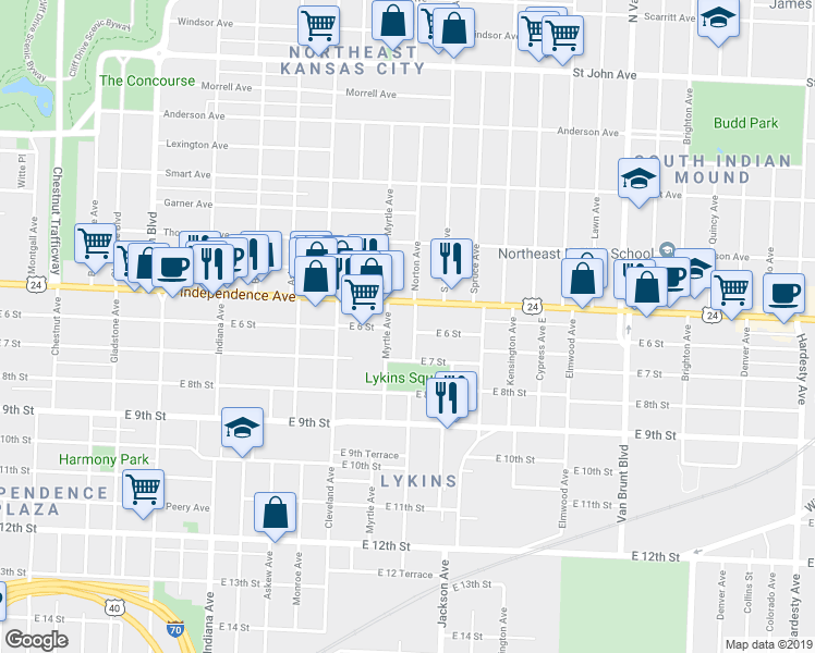map of restaurants, bars, coffee shops, grocery stores, and more near 618 Norton Avenue in Kansas City