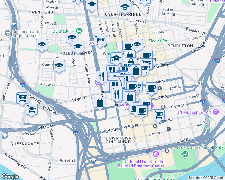 map of restaurants, bars, coffee shops, grocery stores, and more near 90 West 9th Street in Cincinnati