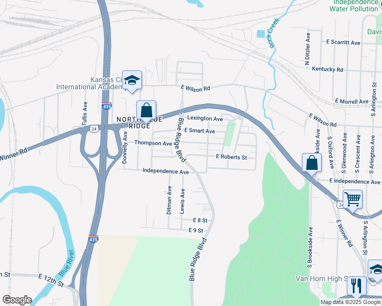 map of restaurants, bars, coffee shops, grocery stores, and more near 8708 Roberts Street in Kansas City