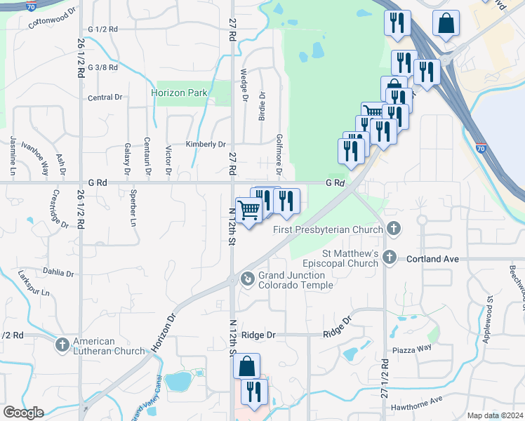 map of restaurants, bars, coffee shops, grocery stores, and more near 1207 Club Court in Grand Junction