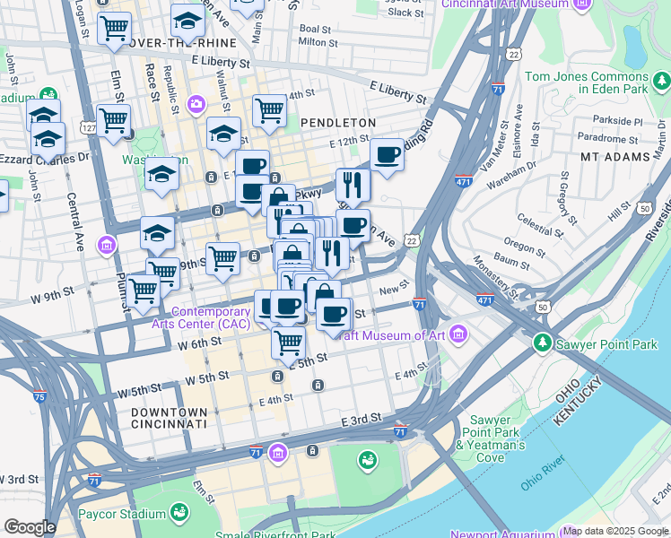 map of restaurants, bars, coffee shops, grocery stores, and more near in Cincinnati