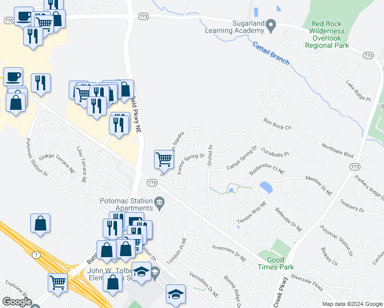 map of restaurants, bars, coffee shops, grocery stores, and more near 18465 Montview Square in Leesburg