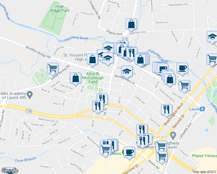 map of restaurants, bars, coffee shops, grocery stores, and more near 701 Laurel Avenue in Laurel