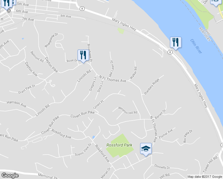 map of restaurants, bars, coffee shops, grocery stores, and more near 53 Covert Place in Fort Thomas