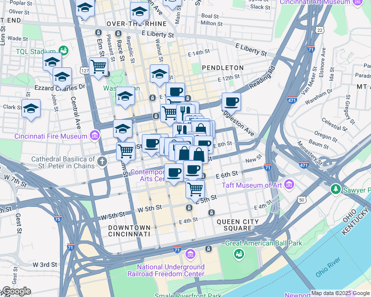 map of restaurants, bars, coffee shops, grocery stores, and more near 110 East 8th Street in Cincinnati