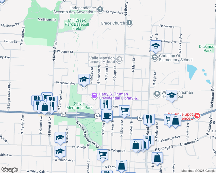 map of restaurants, bars, coffee shops, grocery stores, and more near 1221 North Spring Street in Independence