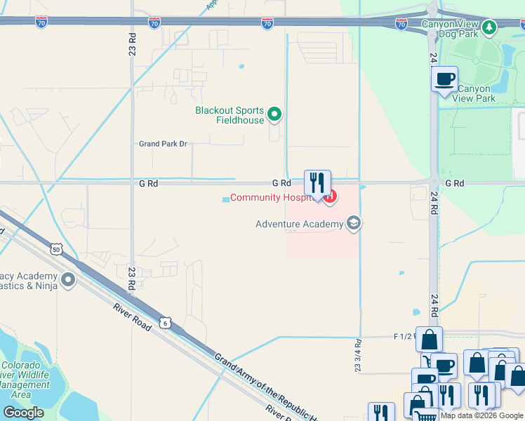 map of restaurants, bars, coffee shops, grocery stores, and more near 2360 G Road in Grand Junction