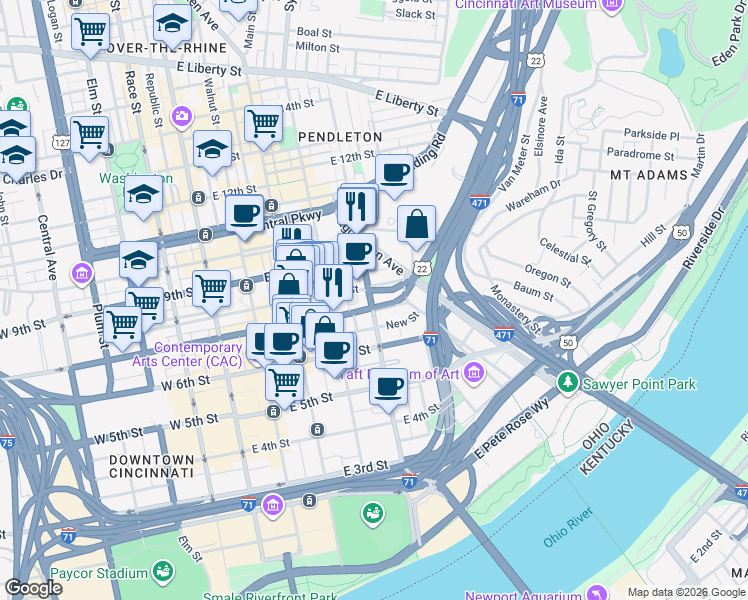 map of restaurants, bars, coffee shops, grocery stores, and more near 706 Broadway Street in Cincinnati