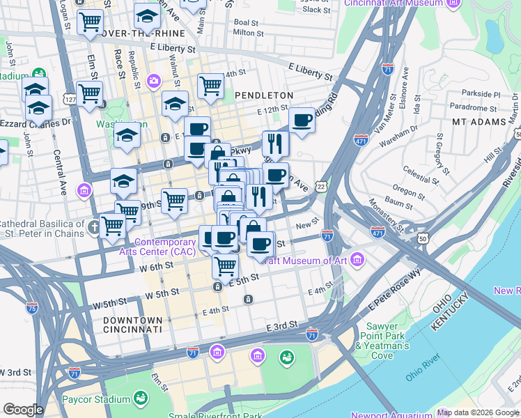 map of restaurants, bars, coffee shops, grocery stores, and more near in Cincinnati