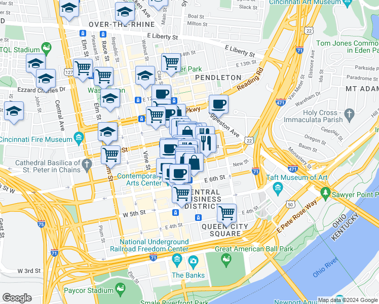 map of restaurants, bars, coffee shops, grocery stores, and more near 234 East 8th Street in Cincinnati