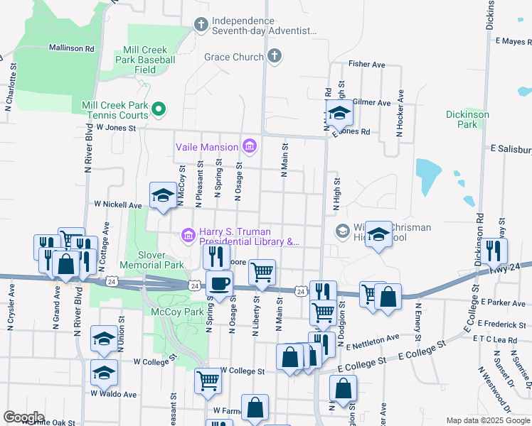 map of restaurants, bars, coffee shops, grocery stores, and more near 1309 North Liberty Street in Independence