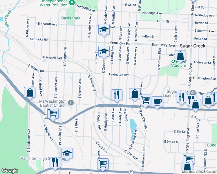 map of restaurants, bars, coffee shops, grocery stores, and more near 527 South Huttig Avenue in Independence