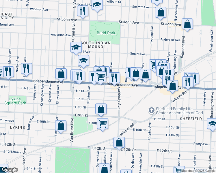 map of restaurants, bars, coffee shops, grocery stores, and more near 5201 Independence Avenue in Kansas City