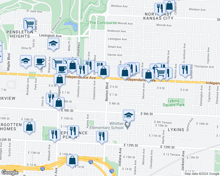 map of restaurants, bars, coffee shops, grocery stores, and more near 3211 East 6 Street in Kansas City