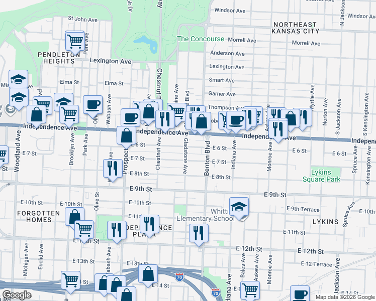 map of restaurants, bars, coffee shops, grocery stores, and more near 2837 East 6 Street in Kansas City