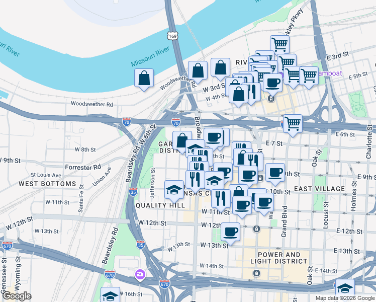 map of restaurants, bars, coffee shops, grocery stores, and more near in Kansas City