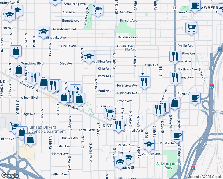 map of restaurants, bars, coffee shops, grocery stores, and more near 1020 Ford Avenue in Kansas City