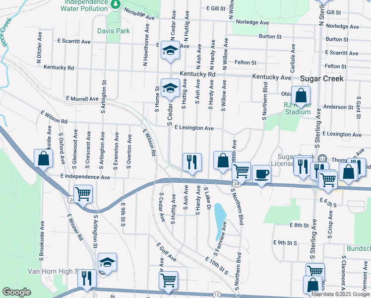 map of restaurants, bars, coffee shops, grocery stores, and more near 527 South Huttig Avenue in Independence