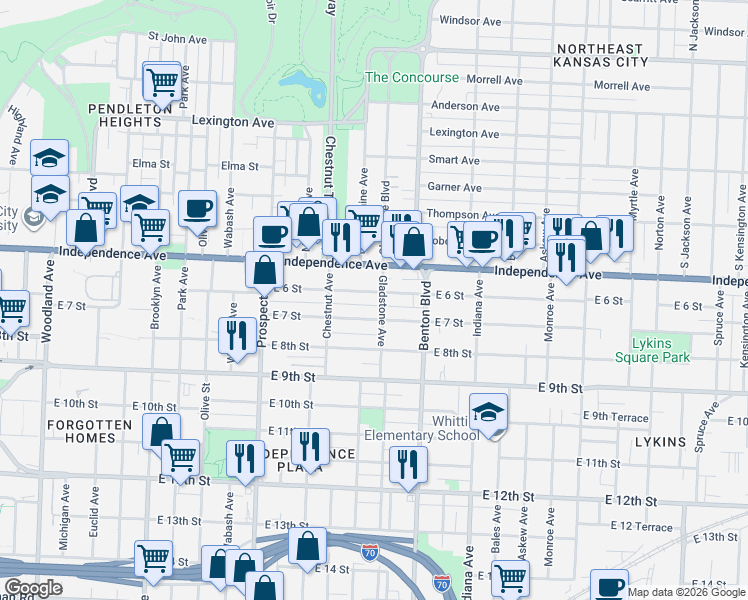 map of restaurants, bars, coffee shops, grocery stores, and more near 2855 East 6th Street in Kansas City