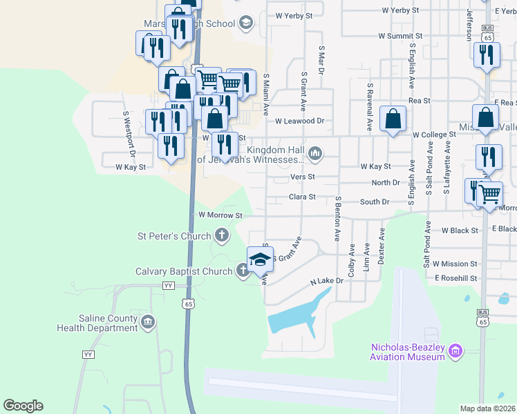 map of restaurants, bars, coffee shops, grocery stores, and more near Owl Pride Drive in Marshall
