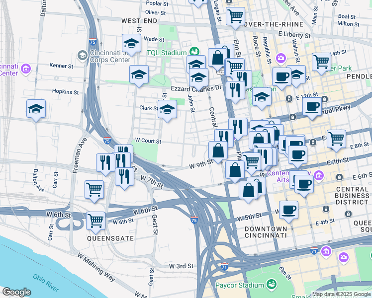 map of restaurants, bars, coffee shops, grocery stores, and more near 936 Mound Street in Cincinnati