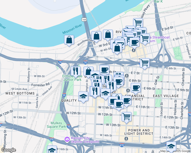 map of restaurants, bars, coffee shops, grocery stores, and more near 408 West 8th Street in Kansas City