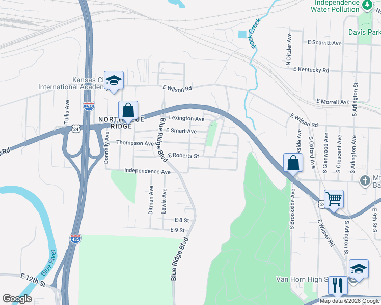 map of restaurants, bars, coffee shops, grocery stores, and more near 8800 East Roberts Street in Independence