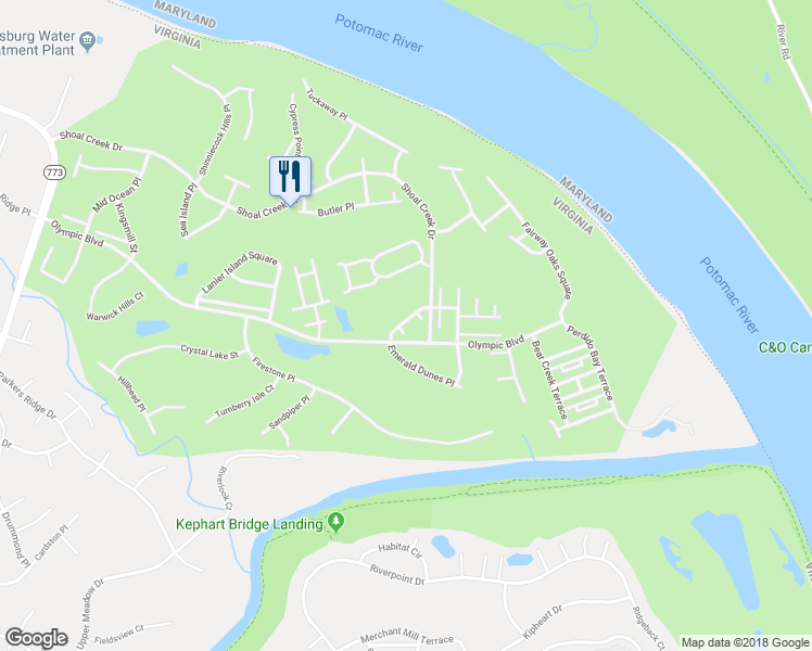 map of restaurants, bars, coffee shops, grocery stores, and more near 18470 Callaway Gardens Square in Leesburg