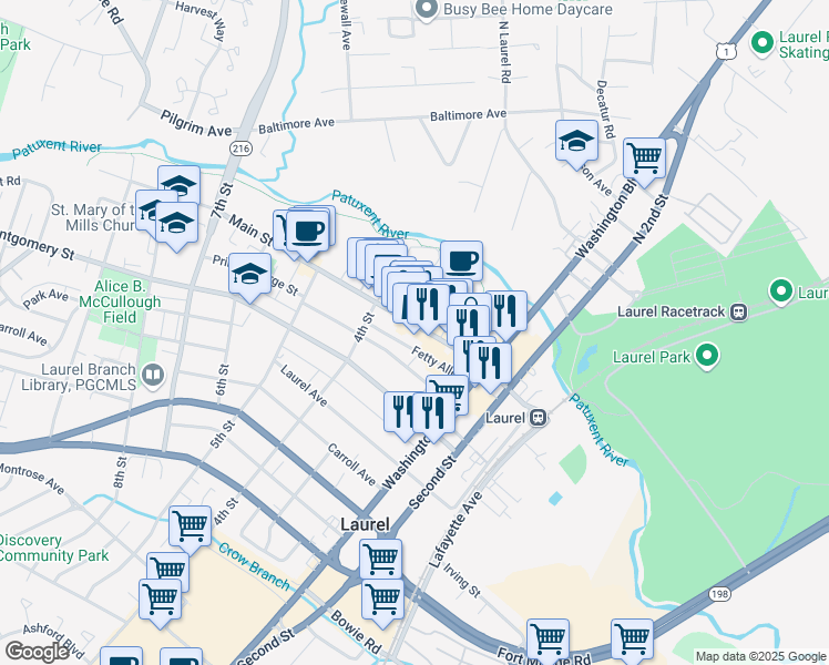 map of restaurants, bars, coffee shops, grocery stores, and more near 352 Main Street in Laurel
