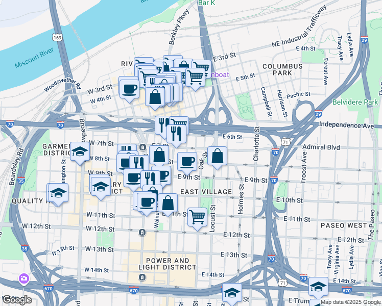 map of restaurants, bars, coffee shops, grocery stores, and more near 705 McGee Street in Kansas City