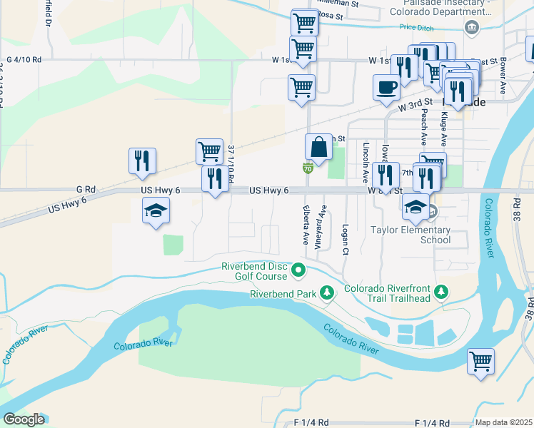 map of restaurants, bars, coffee shops, grocery stores, and more near 826 Montclair Drive in Palisade