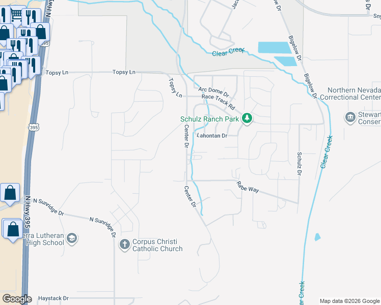 map of restaurants, bars, coffee shops, grocery stores, and more near 7101 Center Drive in Carson City