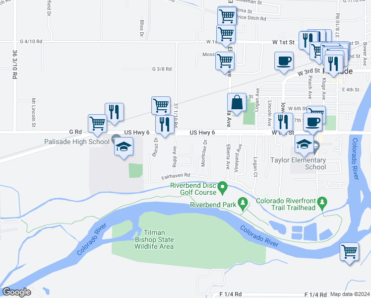 map of restaurants, bars, coffee shops, grocery stores, and more near 3713 G Road in Palisade