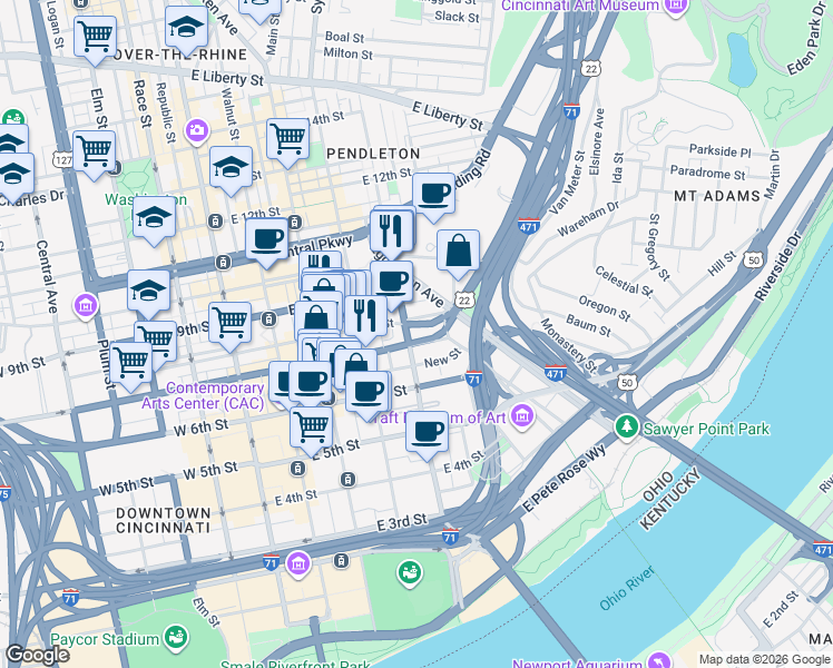 map of restaurants, bars, coffee shops, grocery stores, and more near 700 Broadway Street in Cincinnati