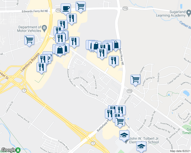 map of restaurants, bars, coffee shops, grocery stores, and more near 414 Lilac Terrace Northeast in Leesburg